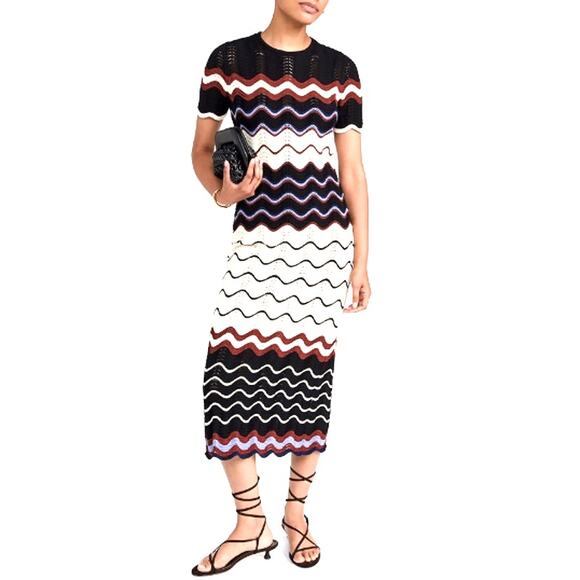 Tanya Taylor Black/Cream Multi Leighton Knit Midi Dress Size L - Picture 1 of 12